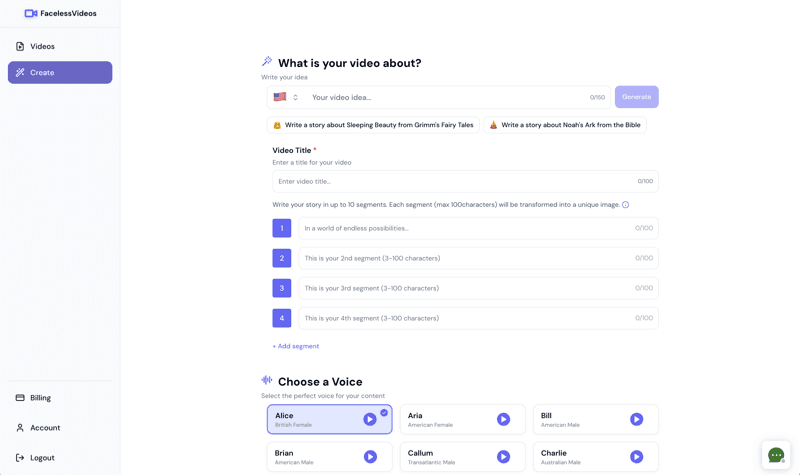 FacelessVideos product screenshot