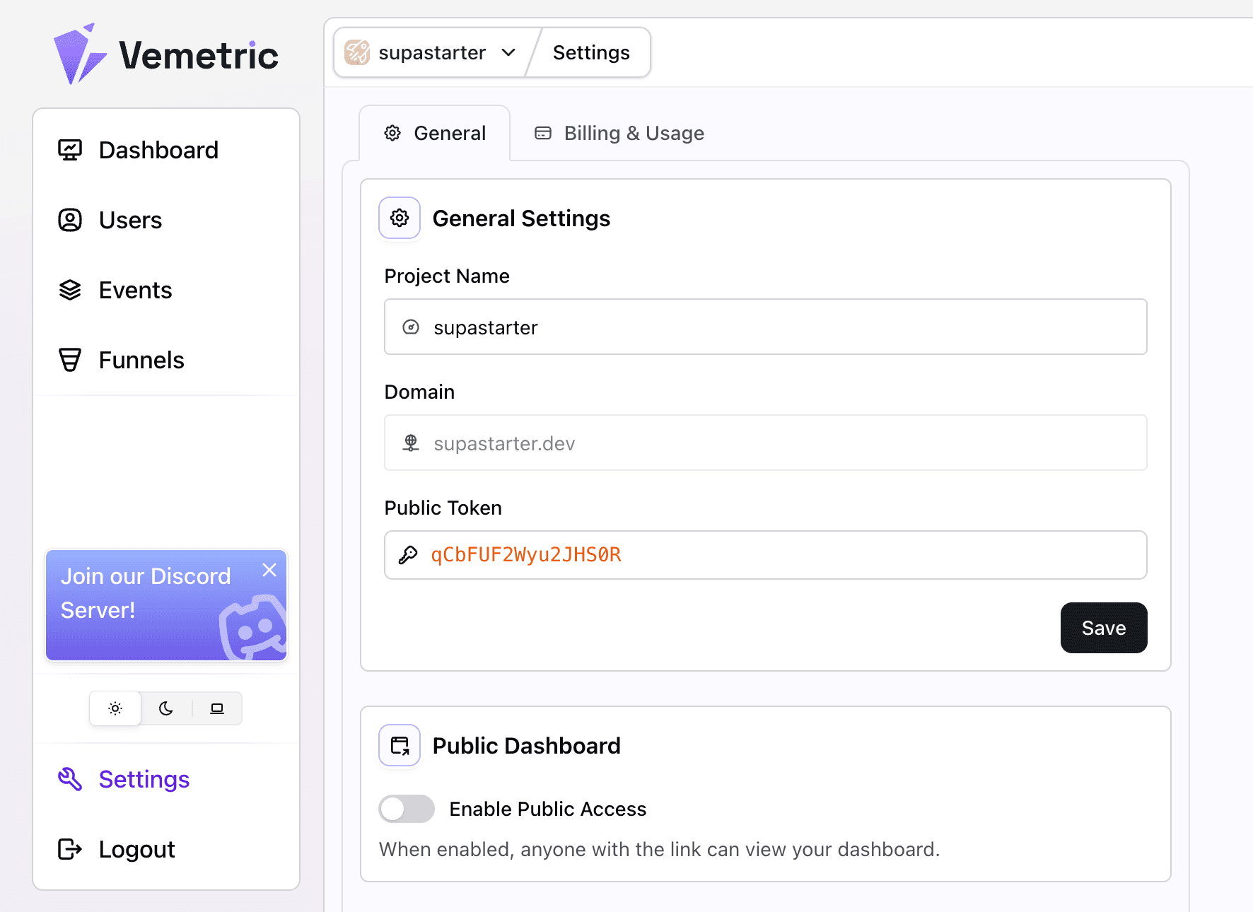 Vemetric settings page